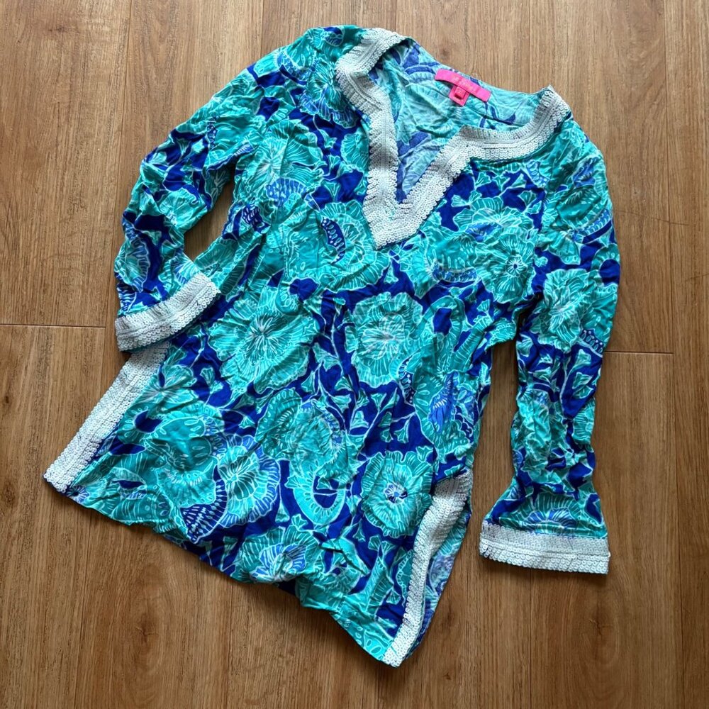 Lilly Pulitzer Renato Sequin Tunic Long Sleeve Blouse Agate Green Women’s Sz XS